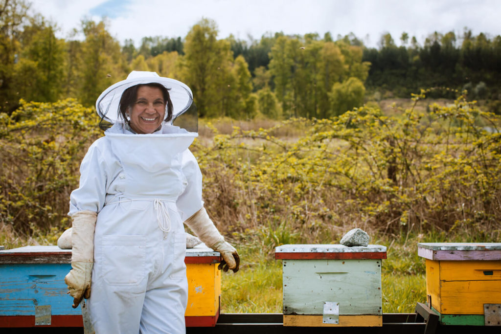 Freundlich lächelnde Imkerin an bunten Bienenstöcken