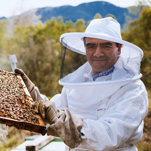 Fairtrade beekeeper Bernadino in white beekeeper suit