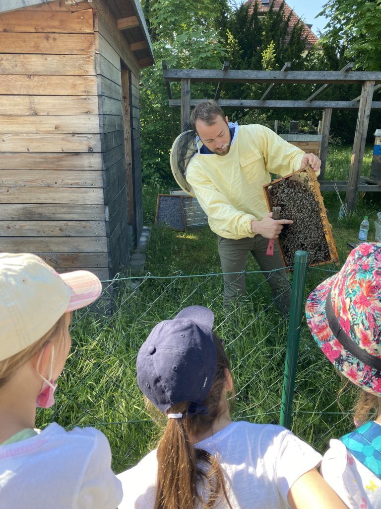 Breitsamer Mitarbeiter zusammen mit Kindern bei den Bienen