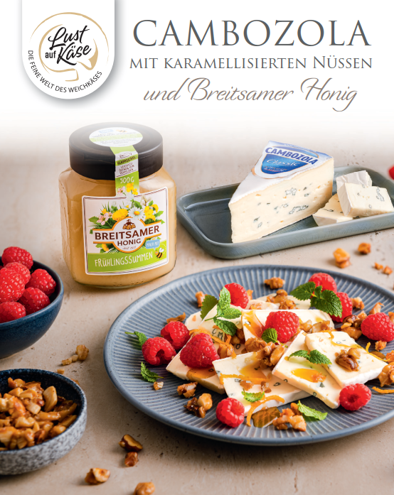 Rezeptblatt Cambozola mit karamellisierten Nüssen und Breitsamer Frühlingssummenhonig
